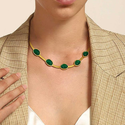 Oval Green Crystal Pendant Necklace Set With Bracelet